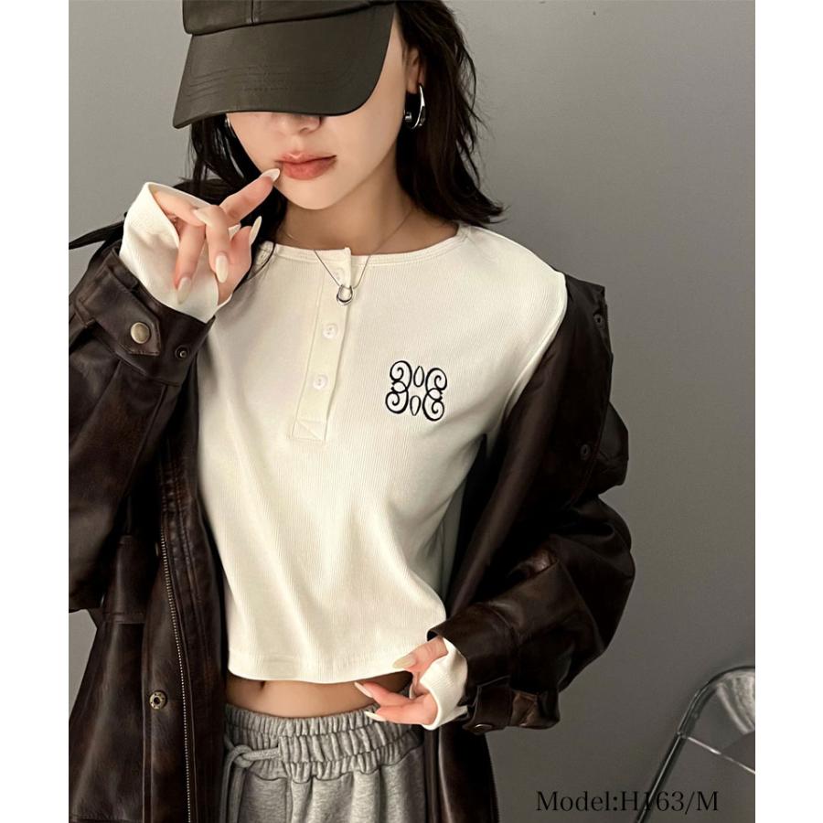【mily bilet】 トップス リブカットソー レディース リブ ヘンリーネック ロゴ刺繍 ロンT ショート丈 短丈 サムホール ピグメント テレコリブ | classicalelf | 03