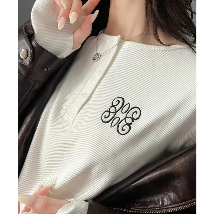 【mily bilet】 トップス リブカットソー レディース リブ ヘンリーネック ロゴ刺繍 ロンT ショート丈 短丈 サムホール ピグメント テレコリブ | classicalelf | 04