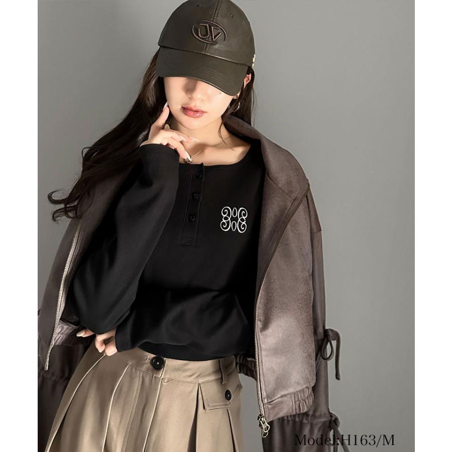 【mily bilet】 トップス リブカットソー レディース リブ ヘンリーネック ロゴ刺繍 ロンT ショート丈 短丈 サムホール ピグメント テレコリブ | classicalelf | 06