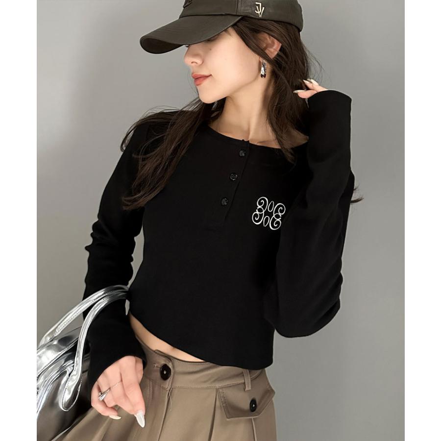 【mily bilet】 トップス リブカットソー レディース リブ ヘンリーネック ロゴ刺繍 ロンT ショート丈 短丈 サムホール ピグメント テレコリブ | classicalelf | 07