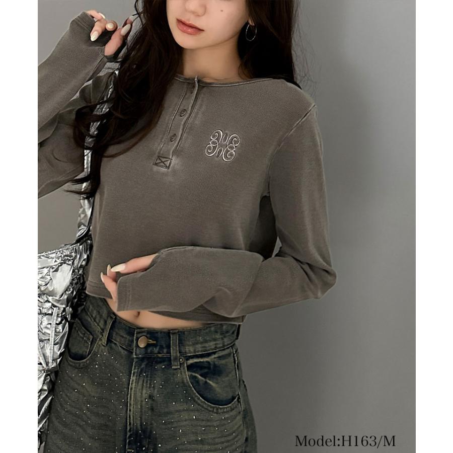 【mily bilet】 トップス リブカットソー レディース リブ ヘンリーネック ロゴ刺繍 ロンT ショート丈 短丈 サムホール ピグメント テレコリブ | classicalelf | 09