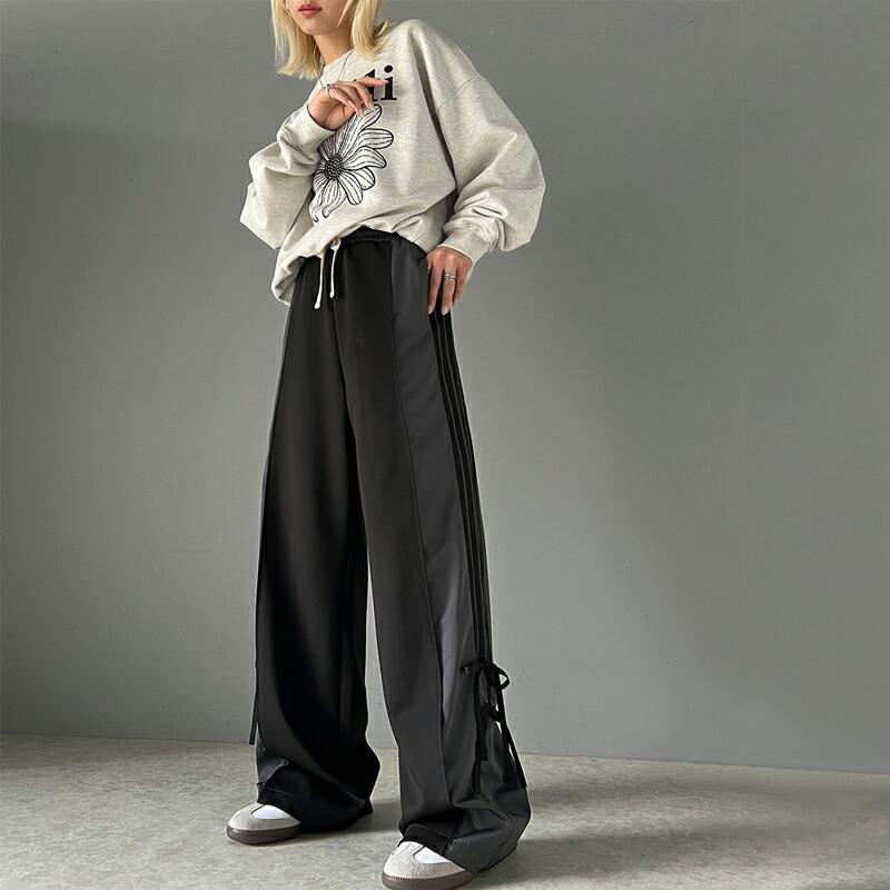【mily bilet】 ボトムス パンツ レディース サイド リボン ２WAY 素材 切り替え ワイド トラックパンツ ウエスト ゴム 仕様 ゆるっと | classicalelf