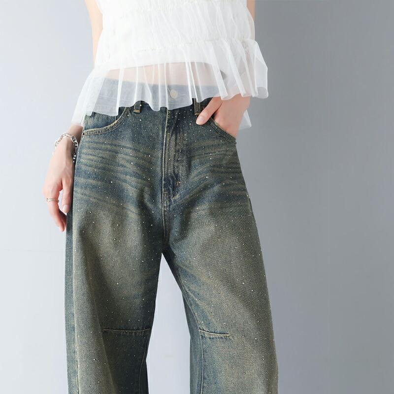 【mily bilet】 ボトムス パンツ レディース オーロラ ストーン 付き ヴィンテージ ライク カーブ ワイド デニムパンツ 裾 フリンジ ウォッシュ | classicalelf
