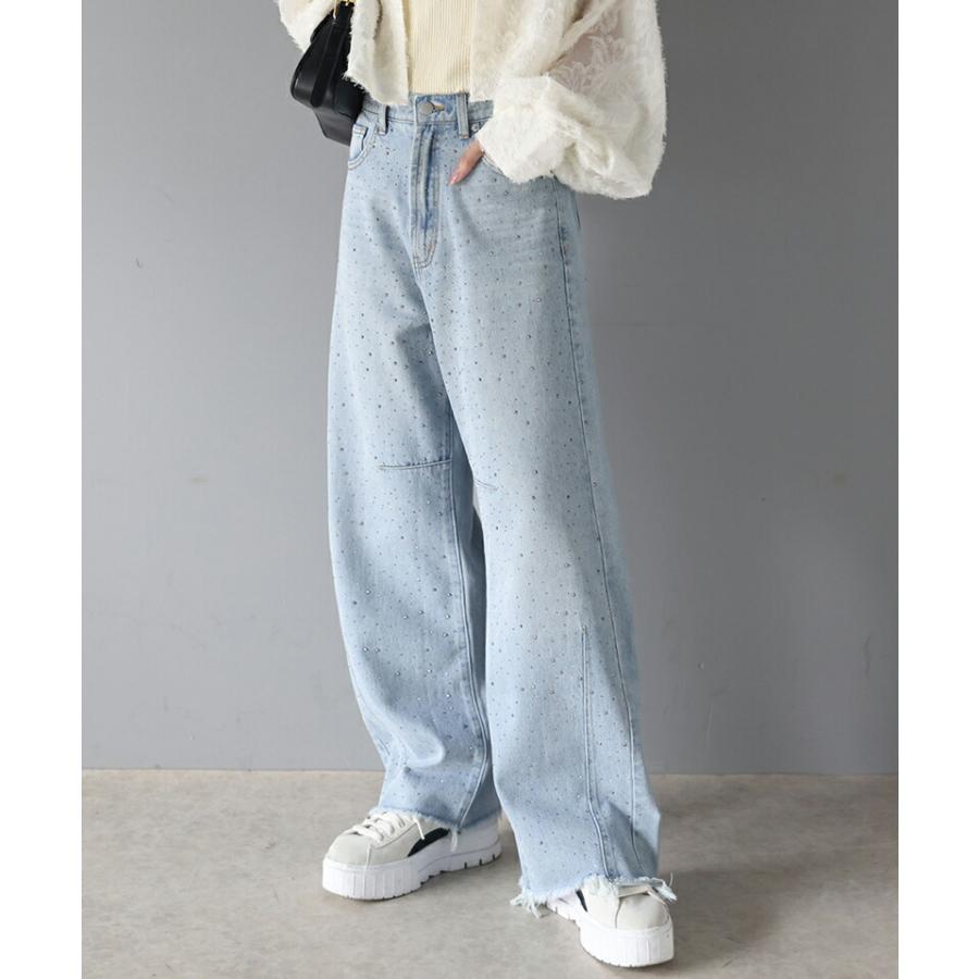 【mily bilet】 ボトムス パンツ レディース オーロラ ストーン 付き ヴィンテージ ライク カーブ ワイド デニムパンツ 裾 フリンジ ウォッシュ | classicalelf | 10