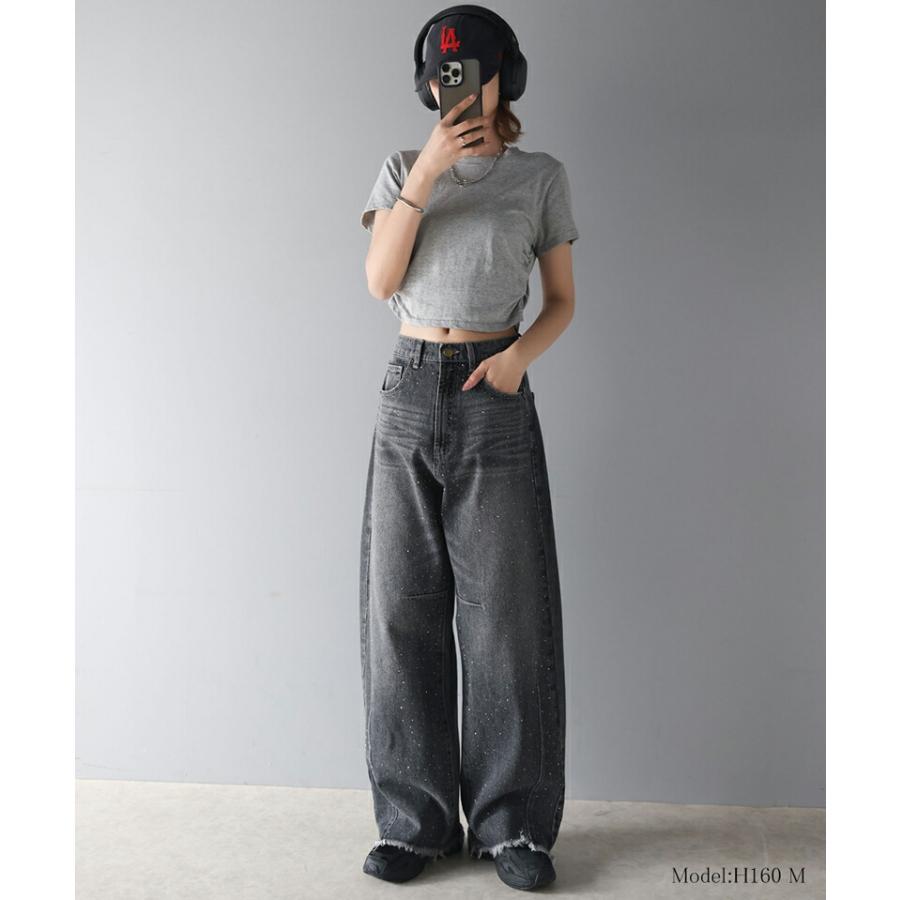 【mily bilet】 ボトムス パンツ レディース オーロラ ストーン 付き ヴィンテージ ライク カーブ ワイド デニムパンツ 裾 フリンジ ウォッシュ | classicalelf | 11