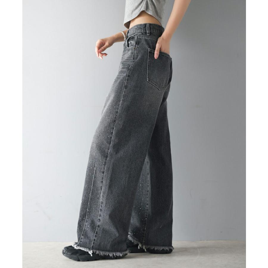 【mily bilet】 ボトムス パンツ レディース オーロラ ストーン 付き ヴィンテージ ライク カーブ ワイド デニムパンツ 裾 フリンジ ウォッシュ | classicalelf | 12