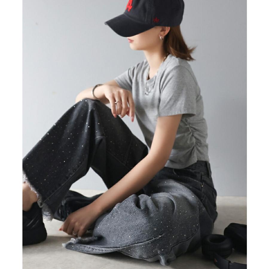 【mily bilet】 ボトムス パンツ レディース オーロラ ストーン 付き ヴィンテージ ライク カーブ ワイド デニムパンツ 裾 フリンジ ウォッシュ | classicalelf | 14