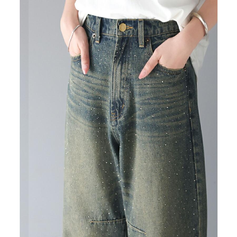 【mily bilet】 ボトムス パンツ レディース オーロラ ストーン 付き ヴィンテージ ライク カーブ ワイド デニムパンツ 裾 フリンジ ウォッシュ | classicalelf | 15