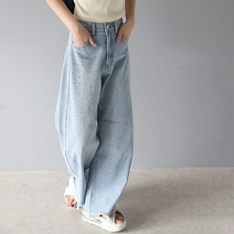 【mily bilet】 ボトムス パンツ レディース オーロラ ストーン 付き ヴィンテージ ライク カーブ ワイド デニムパンツ 裾 フリンジ ウォッシュ | classicalelf | 18