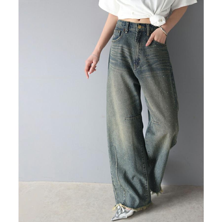 【mily bilet】 ボトムス パンツ レディース オーロラ ストーン 付き ヴィンテージ ライク カーブ ワイド デニムパンツ 裾 フリンジ ウォッシュ | classicalelf | 05