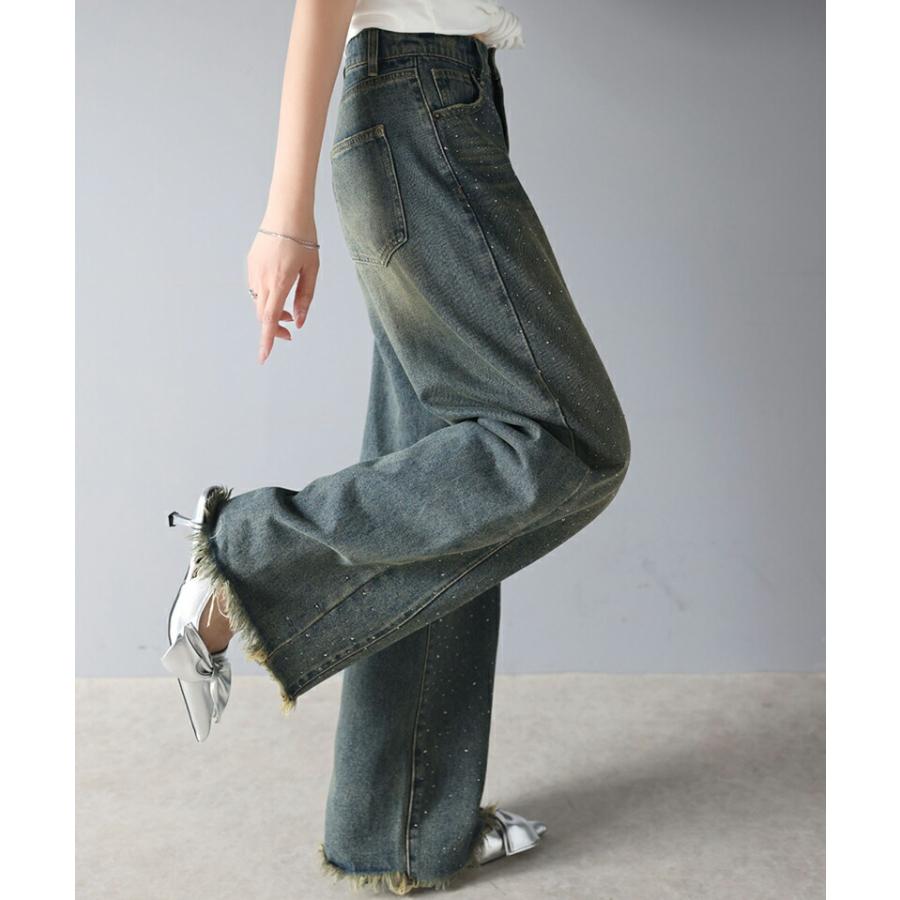 【mily bilet】 ボトムス パンツ レディース オーロラ ストーン 付き ヴィンテージ ライク カーブ ワイド デニムパンツ 裾 フリンジ ウォッシュ | classicalelf | 06