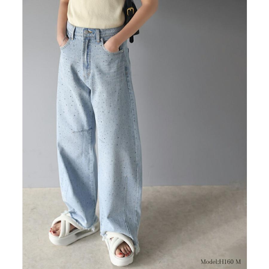 【mily bilet】 ボトムス パンツ レディース オーロラ ストーン 付き ヴィンテージ ライク カーブ ワイド デニムパンツ 裾 フリンジ ウォッシュ | classicalelf | 07