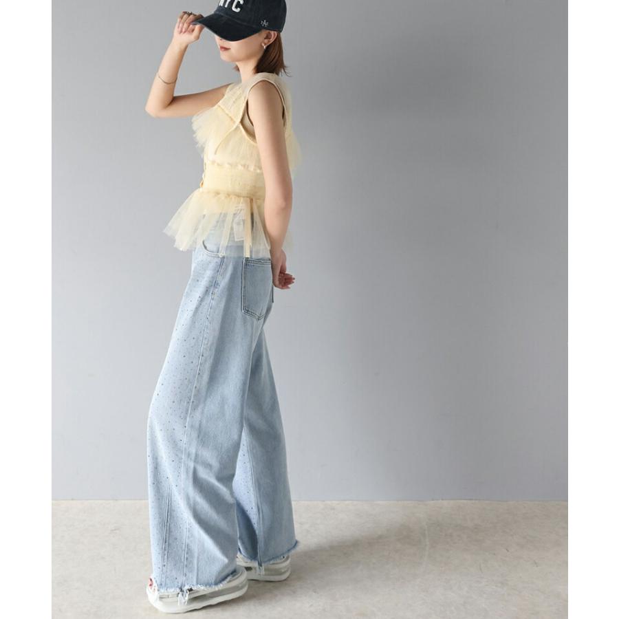 【mily bilet】 ボトムス パンツ レディース オーロラ ストーン 付き ヴィンテージ ライク カーブ ワイド デニムパンツ 裾 フリンジ ウォッシュ | classicalelf | 08