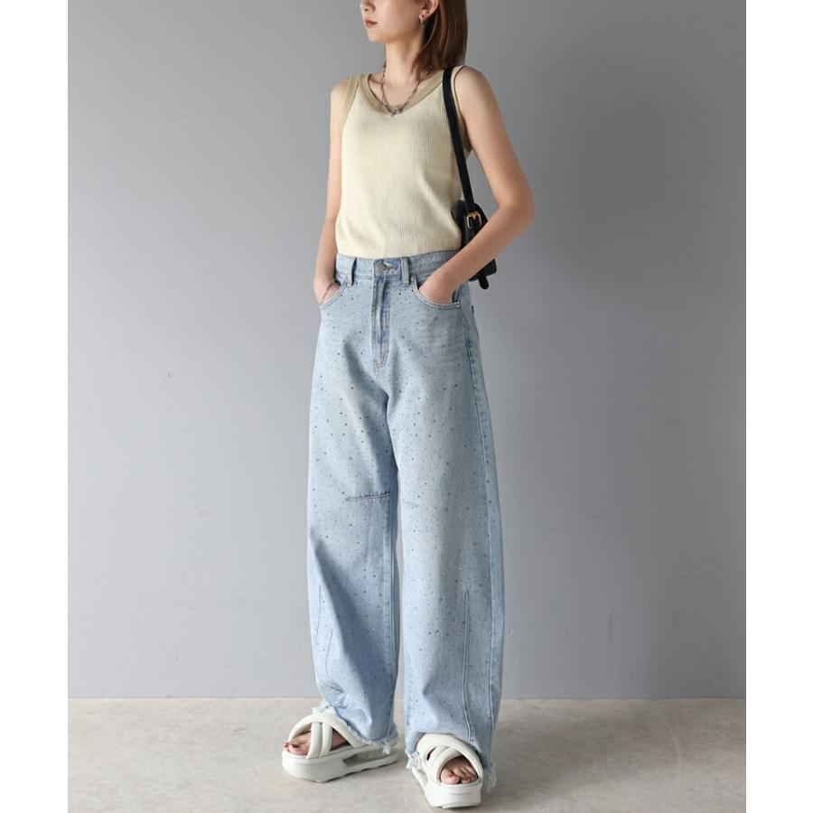 【mily bilet】 ボトムス パンツ レディース オーロラ ストーン 付き ヴィンテージ ライク カーブ ワイド デニムパンツ 裾 フリンジ ウォッシュ | classicalelf | 09