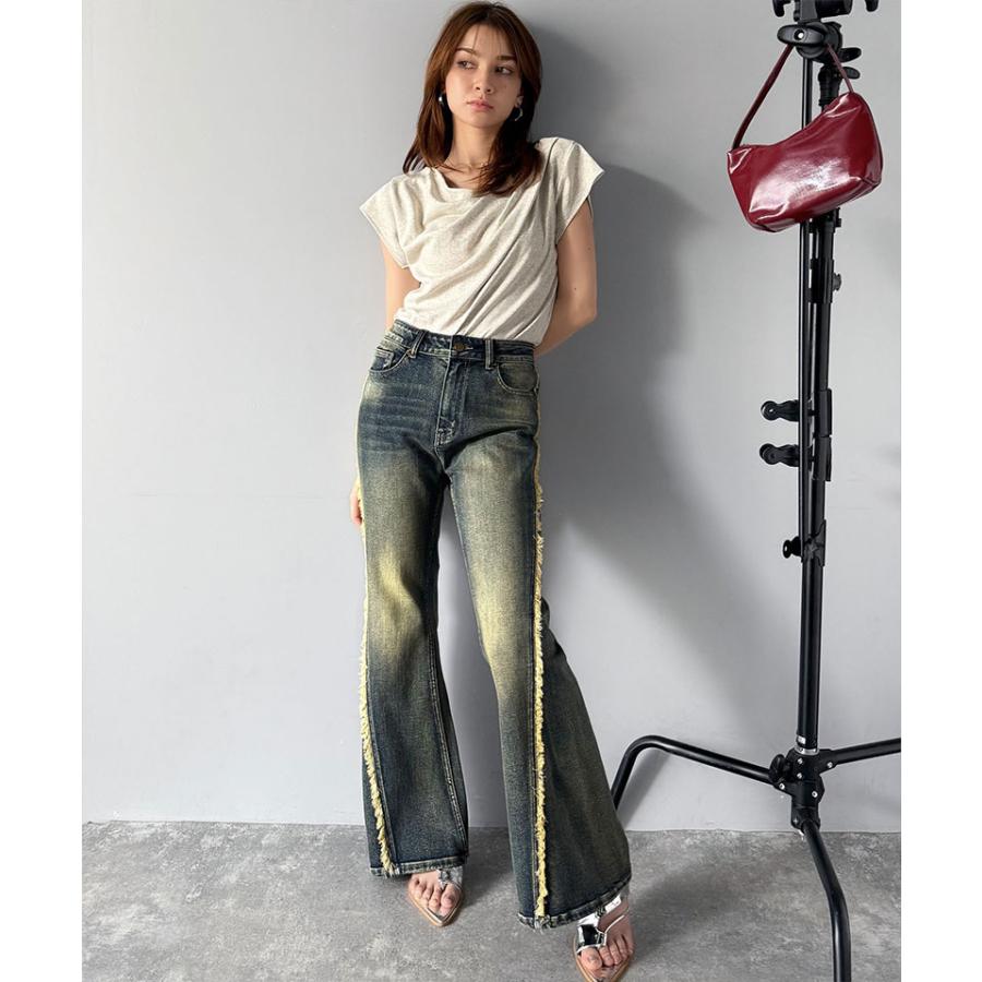 【mily bilet】ボトムス パンツ レディース サイド フリンジ 使い ヴィンテージ デニム フレアパンツ ハイウエスト スタイルアップ 大きいサイズ | classicalelf | 16