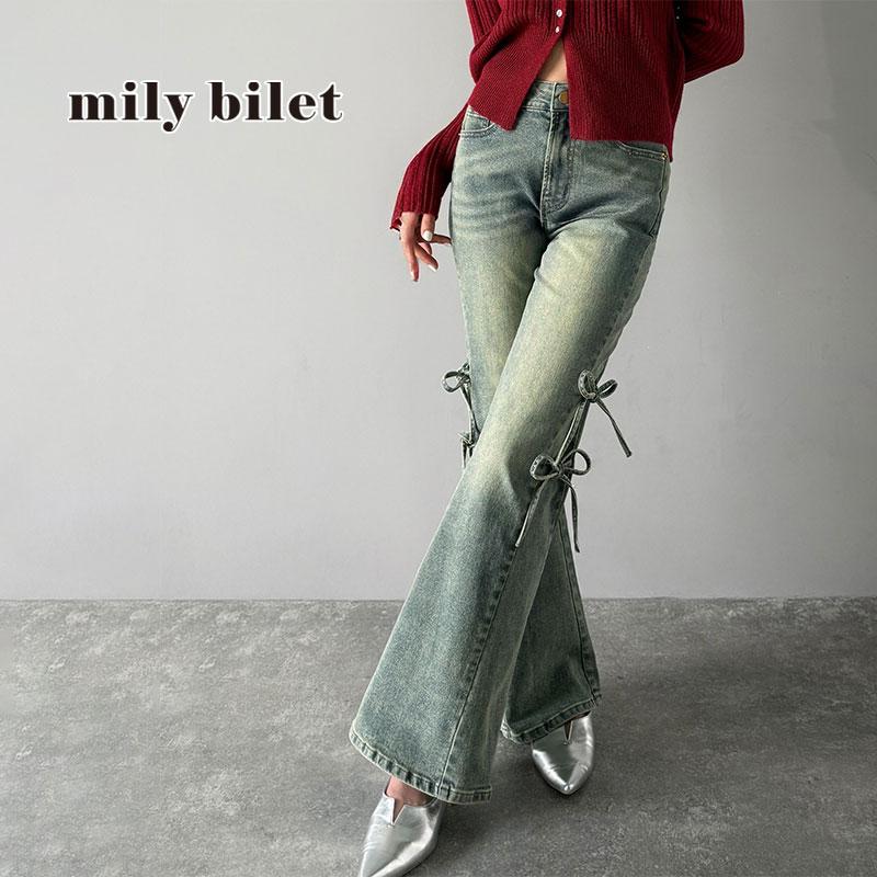 【mily bilet】ボトムス レディース デニムパンツ レディース 大きいサイズ ストレッチ フリンジフレア 美脚効果 上品 リボン 快適 ストレッチ素材 | classicalelf