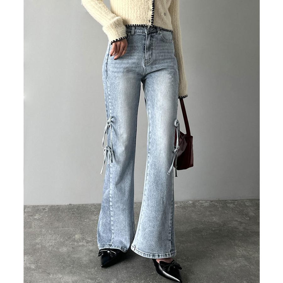 【mily bilet】ボトムス レディース デニムパンツ レディース 大きいサイズ ストレッチ フリンジフレア 美脚効果 上品 リボン 快適 ストレッチ素材 | classicalelf | 10