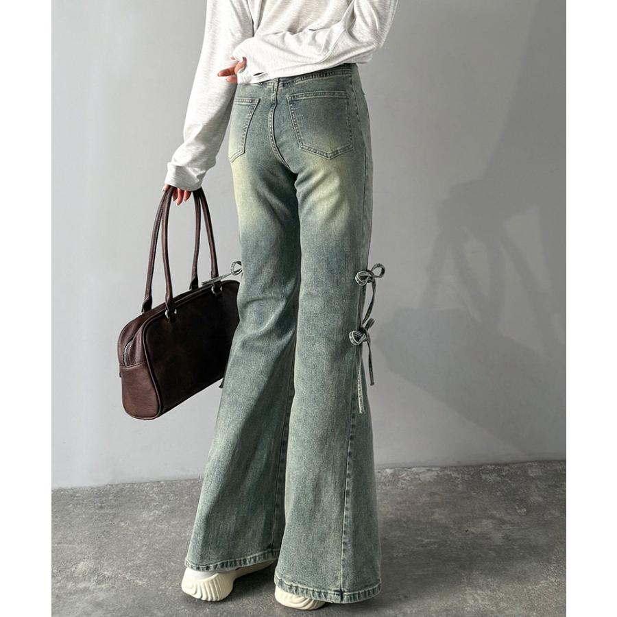 【mily bilet】ボトムス レディース デニムパンツ レディース 大きいサイズ ストレッチ フリンジフレア 美脚効果 上品 リボン 快適 ストレッチ素材 | classicalelf | 14