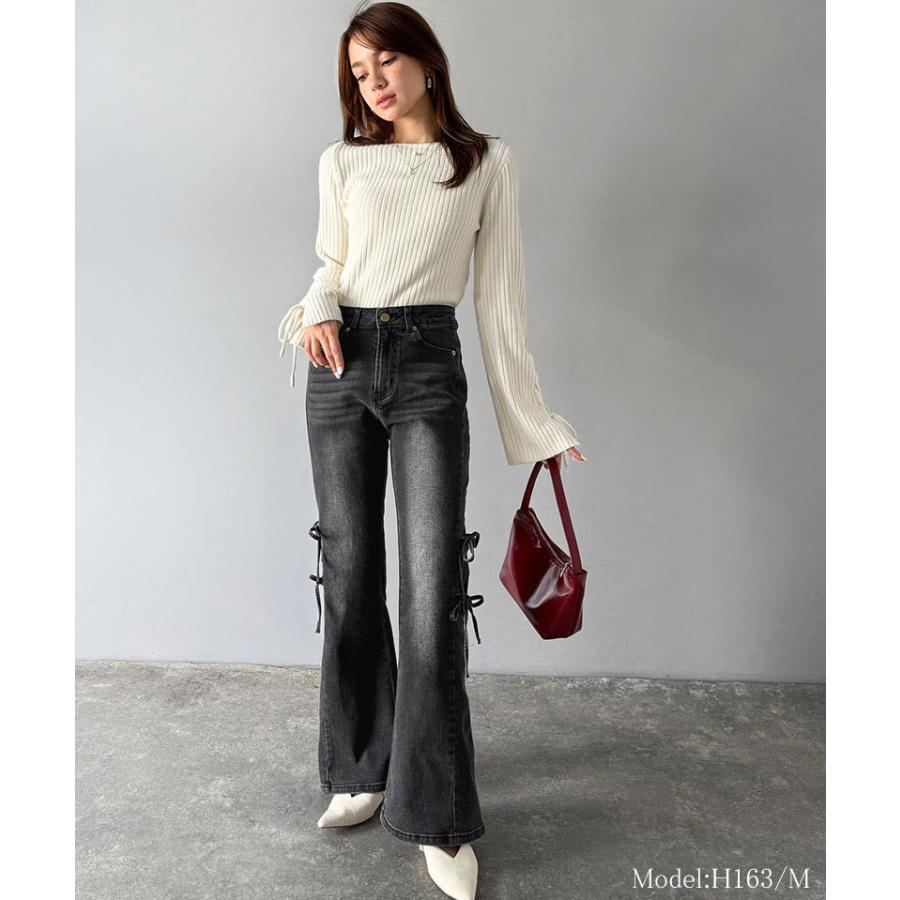 【mily bilet】ボトムス レディース デニムパンツ レディース 大きいサイズ ストレッチ フリンジフレア 美脚効果 上品 リボン 快適 ストレッチ素材 | classicalelf | 02
