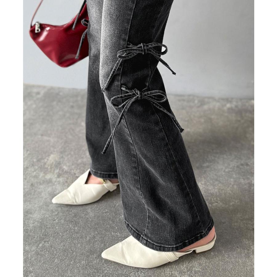 【mily bilet】ボトムス レディース デニムパンツ レディース 大きいサイズ ストレッチ フリンジフレア 美脚効果 上品 リボン 快適 ストレッチ素材 | classicalelf | 03