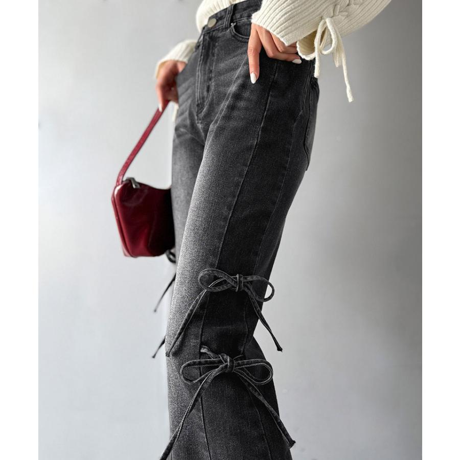 【mily bilet】ボトムス レディース デニムパンツ レディース 大きいサイズ ストレッチ フリンジフレア 美脚効果 上品 リボン 快適 ストレッチ素材 | classicalelf | 04