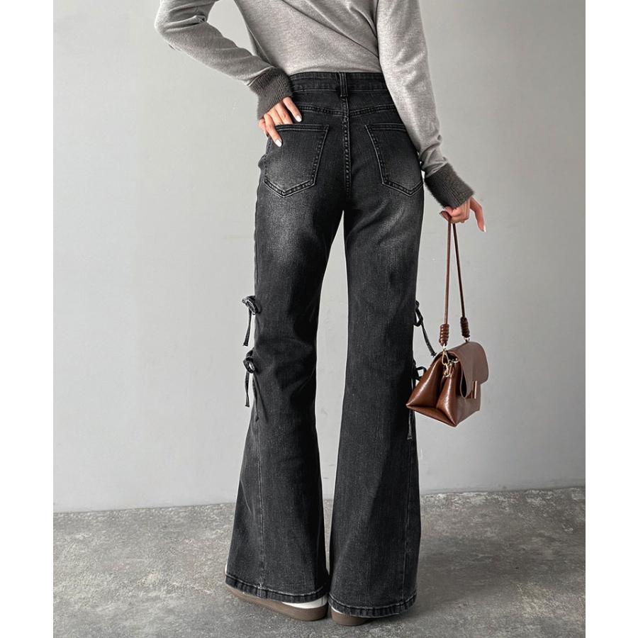 【mily bilet】ボトムス レディース デニムパンツ レディース 大きいサイズ ストレッチ フリンジフレア 美脚効果 上品 リボン 快適 ストレッチ素材 | classicalelf | 06