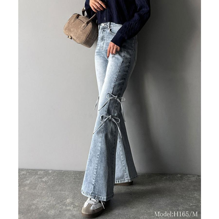 【mily bilet】ボトムス レディース デニムパンツ レディース 大きいサイズ ストレッチ フリンジフレア 美脚効果 上品 リボン 快適 ストレッチ素材 | classicalelf | 07