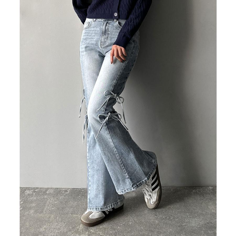 【mily bilet】ボトムス レディース デニムパンツ レディース 大きいサイズ ストレッチ フリンジフレア 美脚効果 上品 リボン 快適 ストレッチ素材 | classicalelf | 09