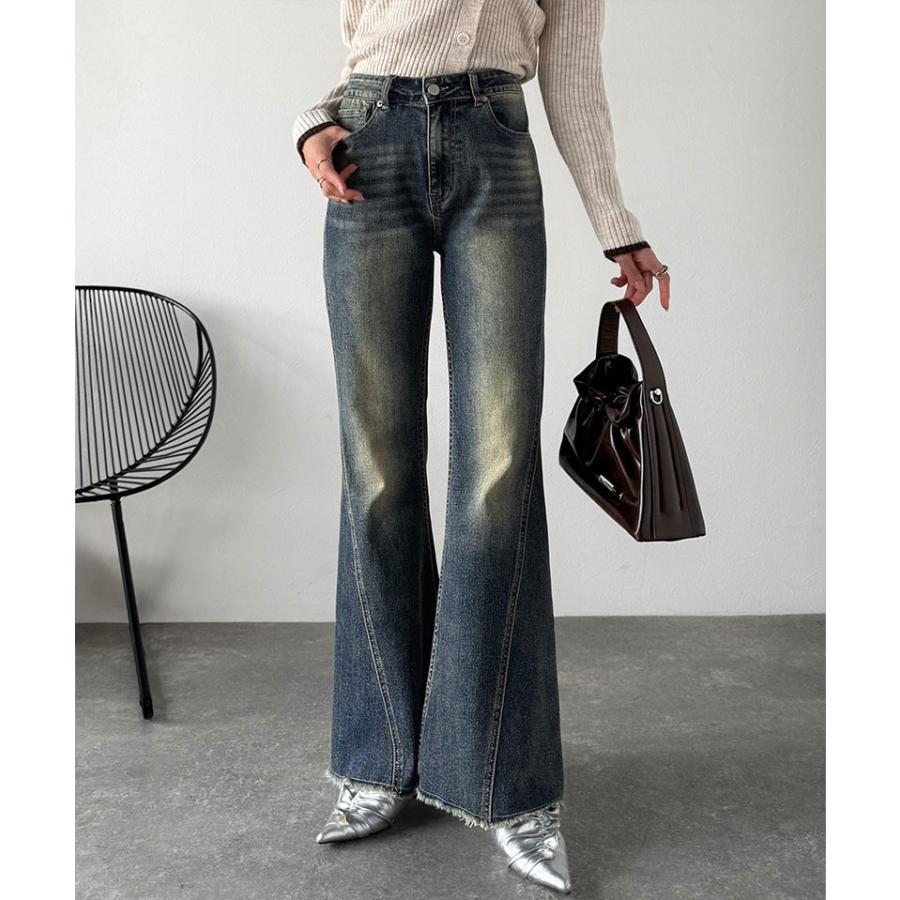 【mily bilet】 ボトムス レディース パンツ レディース バック リボン 美脚見え ストレッチ フレア デニム 裾 ダメージ フリンジ 大きいサイズ | classicalelf | 13