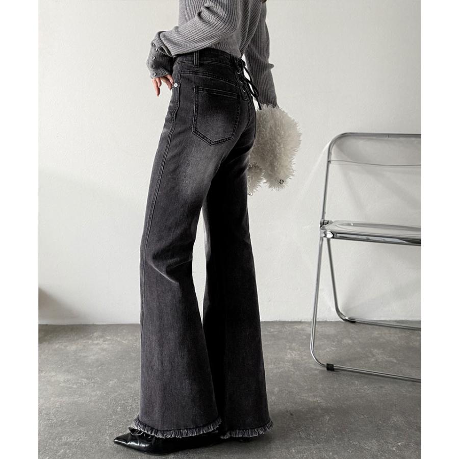 【mily bilet】 ボトムス レディース パンツ レディース バック リボン 美脚見え ストレッチ フレア デニム 裾 ダメージ フリンジ 大きいサイズ | classicalelf | 03