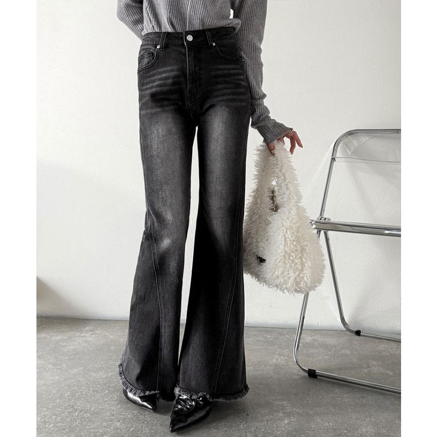 【mily bilet】 ボトムス レディース パンツ レディース バック リボン 美脚見え ストレッチ フレア デニム 裾 ダメージ フリンジ 大きいサイズ | classicalelf | 06