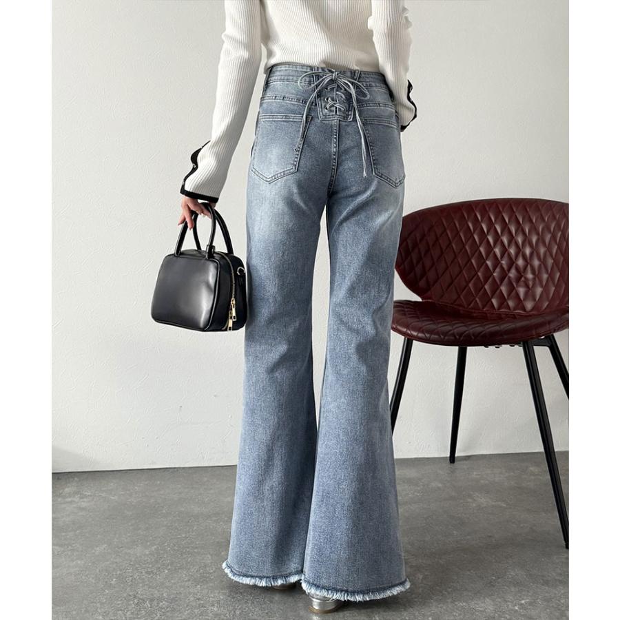 【mily bilet】 ボトムス レディース パンツ レディース バック リボン 美脚見え ストレッチ フレア デニム 裾 ダメージ フリンジ 大きいサイズ | classicalelf | 08
