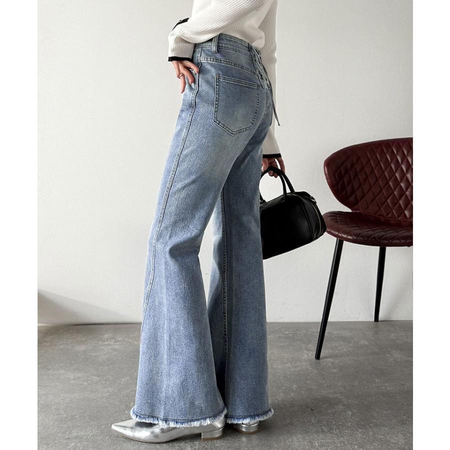 【mily bilet】 ボトムス レディース パンツ レディース バック リボン 美脚見え ストレッチ フレア デニム 裾 ダメージ フリンジ 大きいサイズ | classicalelf | 09