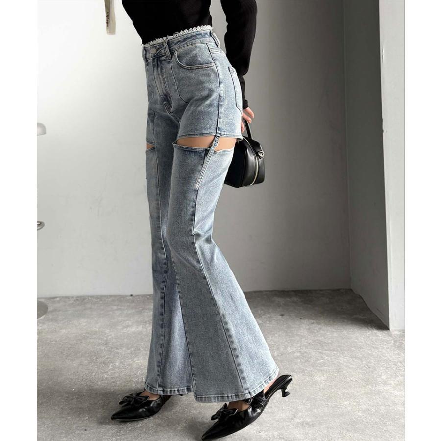 【mily bilet】ボトムス レディース パンツ レディース 肌見せ スリット ウエスト ピコレース カット アウト リボン 使い ストレッチ デニム 大きいサイズ | classicalelf | 10