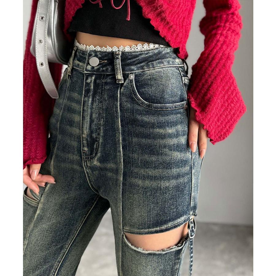 【mily bilet】ボトムス レディース パンツ レディース 肌見せ スリット ウエスト ピコレース カット アウト リボン 使い ストレッチ デニム 大きいサイズ | classicalelf | 14