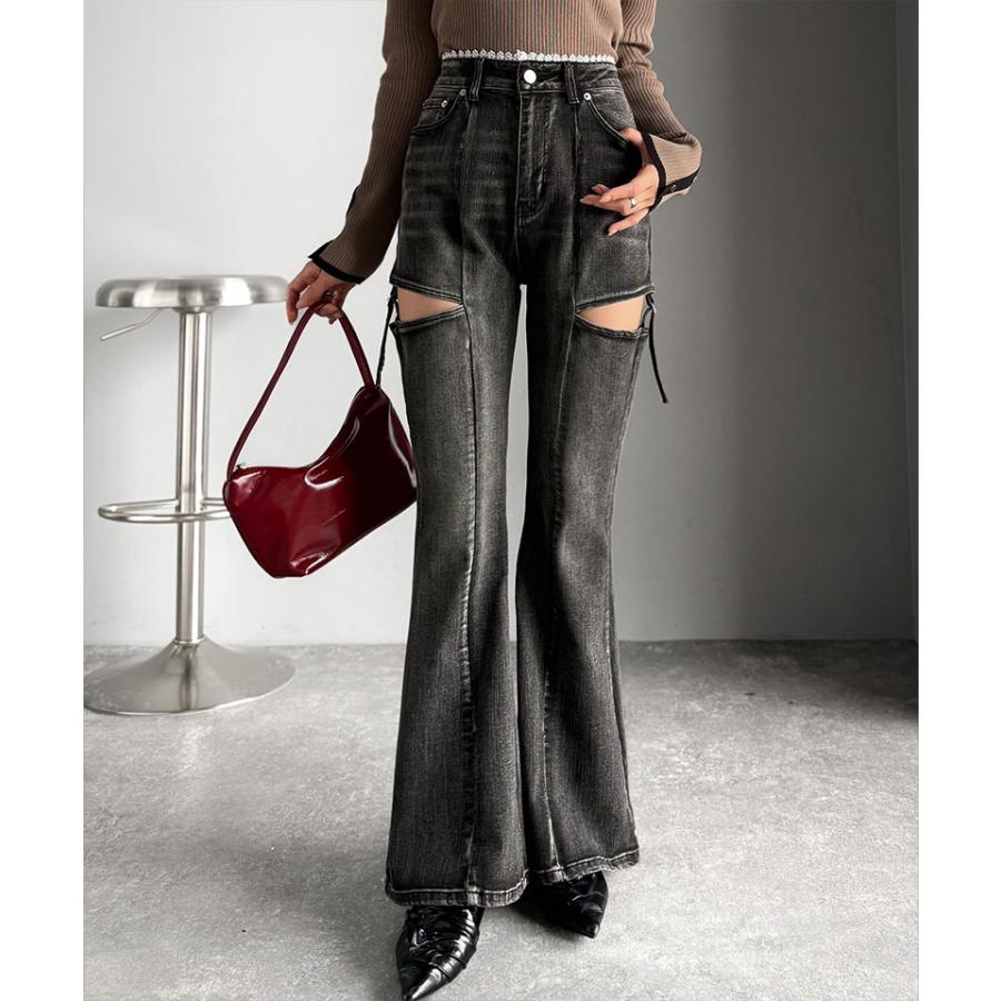 【mily bilet】ボトムス レディース パンツ レディース 肌見せ スリット ウエスト ピコレース カット アウト リボン 使い ストレッチ デニム 大きいサイズ | classicalelf | 03