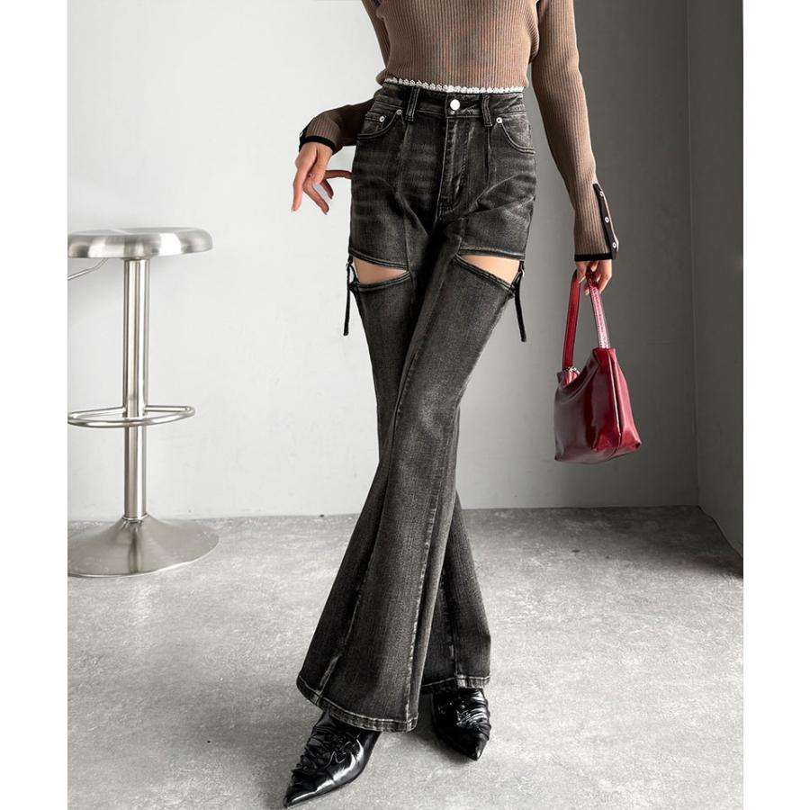 【mily bilet】ボトムス レディース パンツ レディース 肌見せ スリット ウエスト ピコレース カット アウト リボン 使い ストレッチ デニム 大きいサイズ | classicalelf | 04