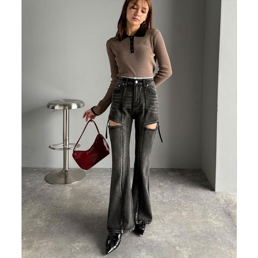 【mily bilet】ボトムス レディース パンツ レディース 肌見せ スリット ウエスト ピコレース カット アウト リボン 使い ストレッチ デニム 大きいサイズ | classicalelf | 06