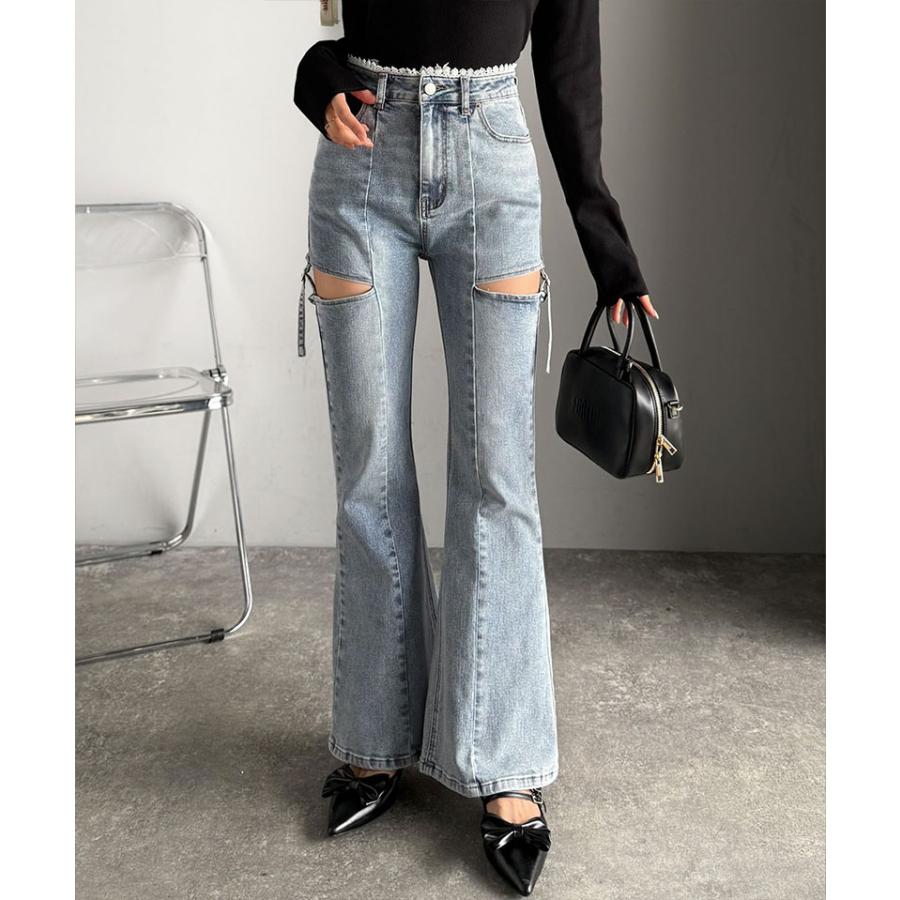 【mily bilet】ボトムス レディース パンツ レディース 肌見せ スリット ウエスト ピコレース カット アウト リボン 使い ストレッチ デニム 大きいサイズ | classicalelf | 08
