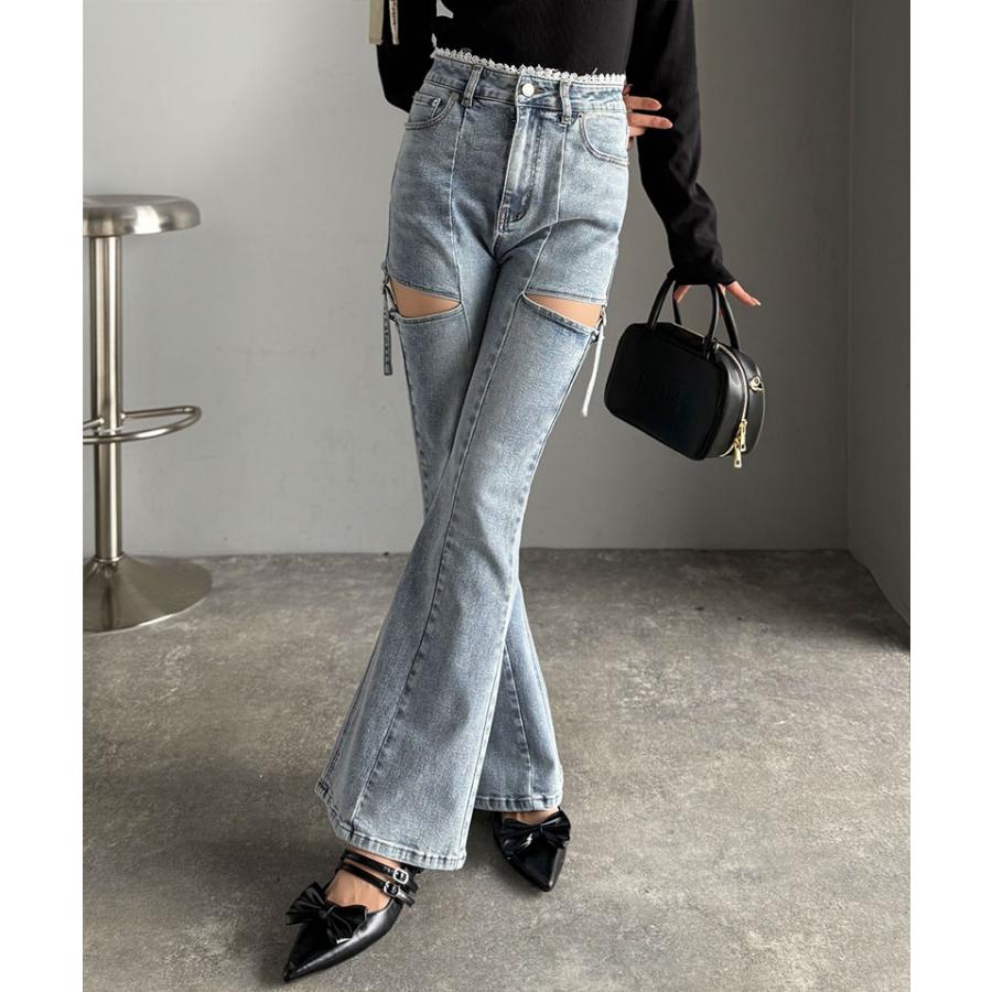 【mily bilet】ボトムス レディース パンツ レディース 肌見せ スリット ウエスト ピコレース カット アウト リボン 使い ストレッチ デニム 大きいサイズ | classicalelf | 09