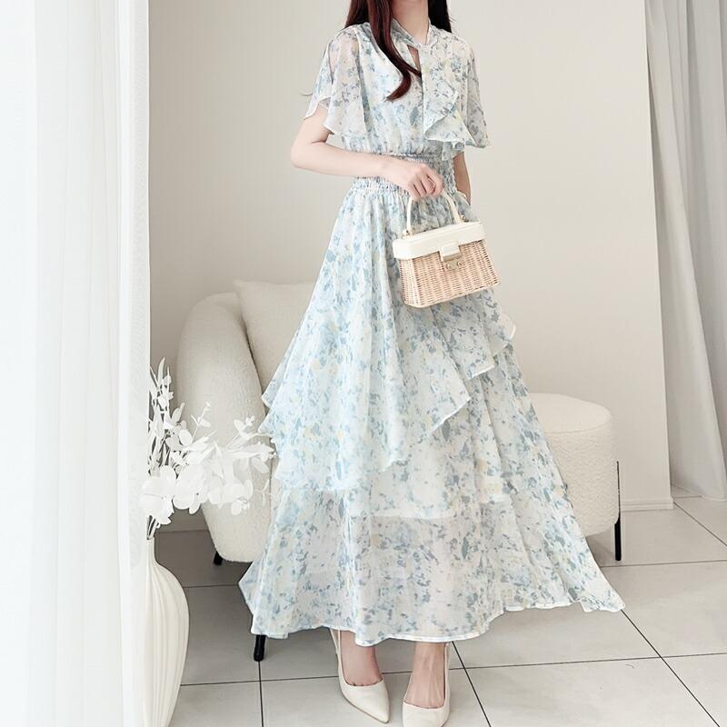 【mily bilet】 ワンピース レディース シフォン 楊柳 ムラ柄 ワンピ リボン タイ 付き ウエスト シャーリング ゴム 仕様 フレア シルエット | classicalelf | 18