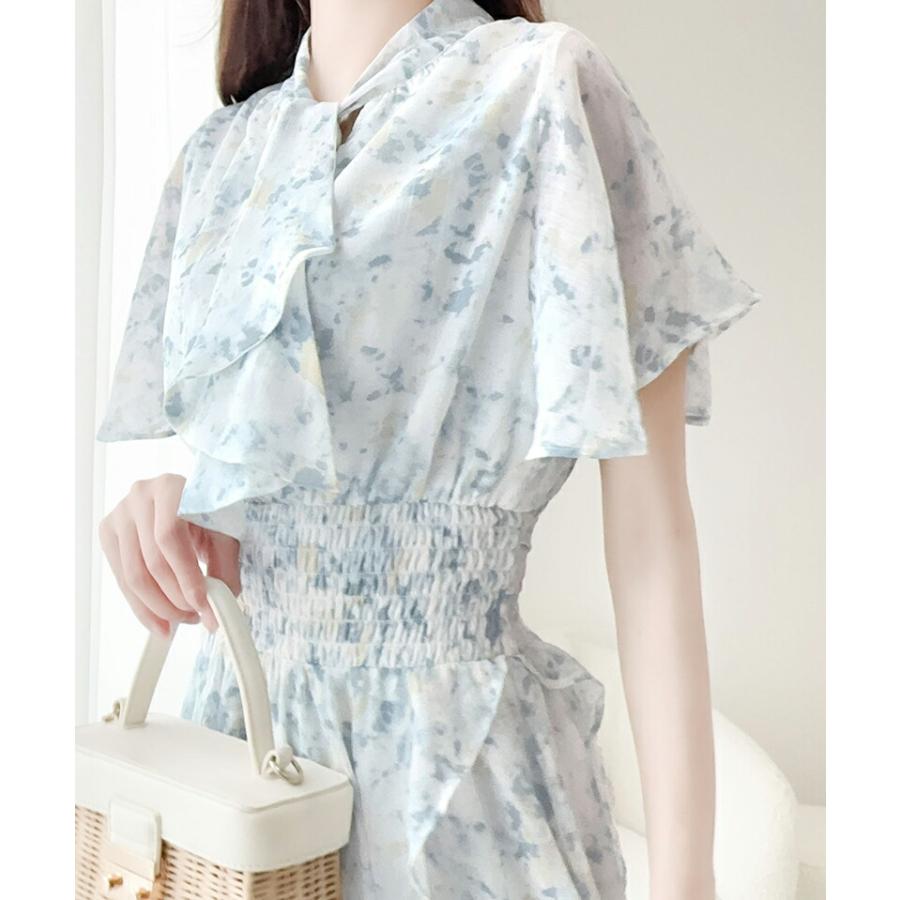 【mily bilet】 ワンピース レディース シフォン 楊柳 ムラ柄 ワンピ リボン タイ 付き ウエスト シャーリング ゴム 仕様 フレア シルエット | classicalelf | 09