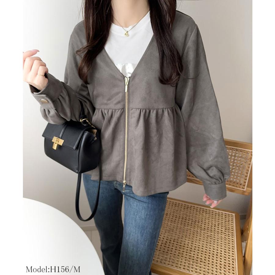 【mily bilet】 トップス カーディガン レディース スウェード ポンチ へプラム ダブル ジップ ジャケット 長袖 羽織り ロングシーズン | classicalelf | 03