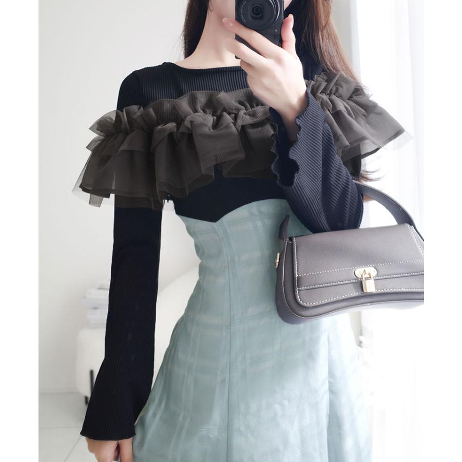 【mily bilet】ワンピース レディース フェミニン ドッキングワンピース チュールフリル シンプル 立体感 華やかな デイリーユース フレア袖 | classicalelf | 10