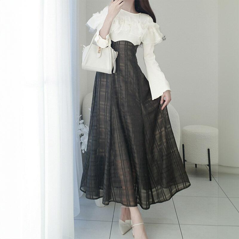 【mily bilet】ワンピース レディース フェミニン ドッキングワンピース チュールフリル シンプル 立体感 華やかな デイリーユース フレア袖 | classicalelf | 15