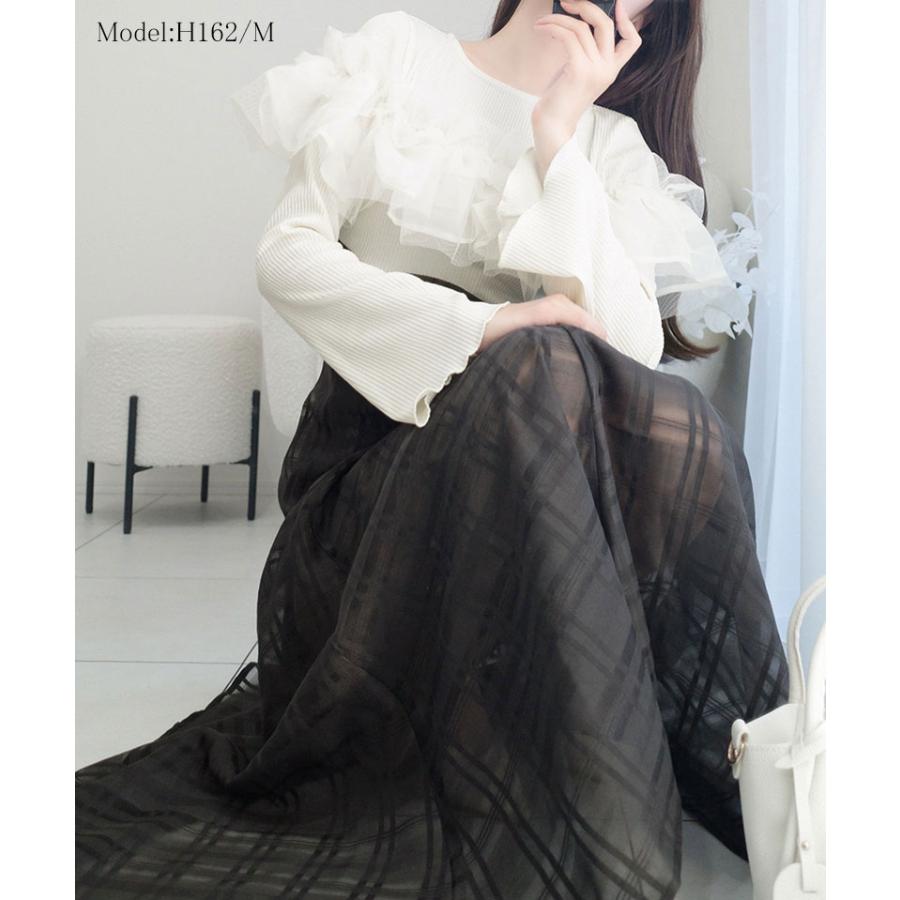 【mily bilet】ワンピース レディース フェミニン ドッキングワンピース チュールフリル シンプル 立体感 華やかな デイリーユース フレア袖 | classicalelf | 03