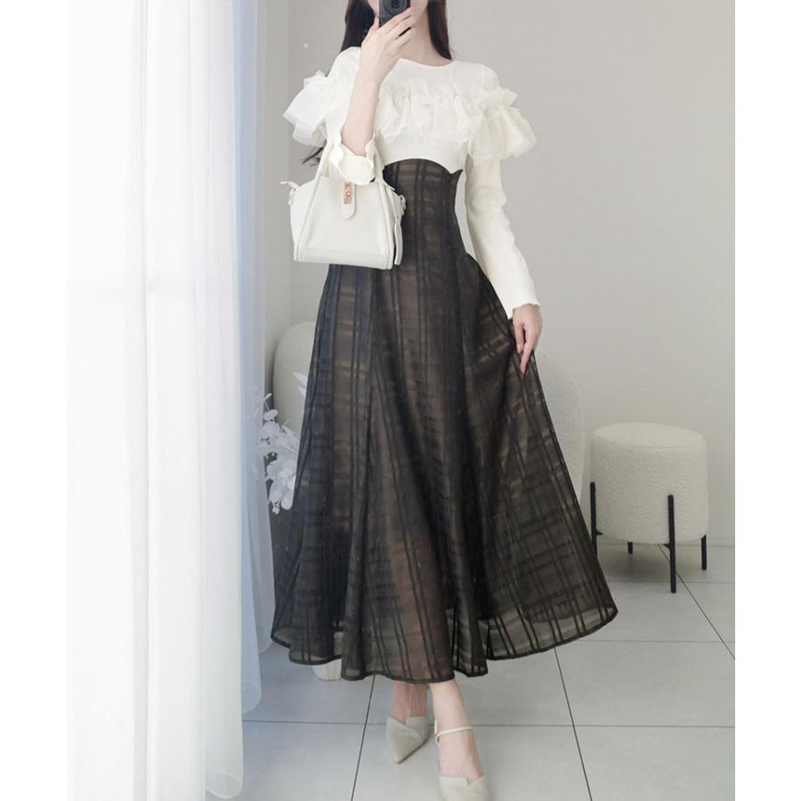 【mily bilet】ワンピース レディース フェミニン ドッキングワンピース チュールフリル シンプル 立体感 華やかな デイリーユース フレア袖 | classicalelf | 06