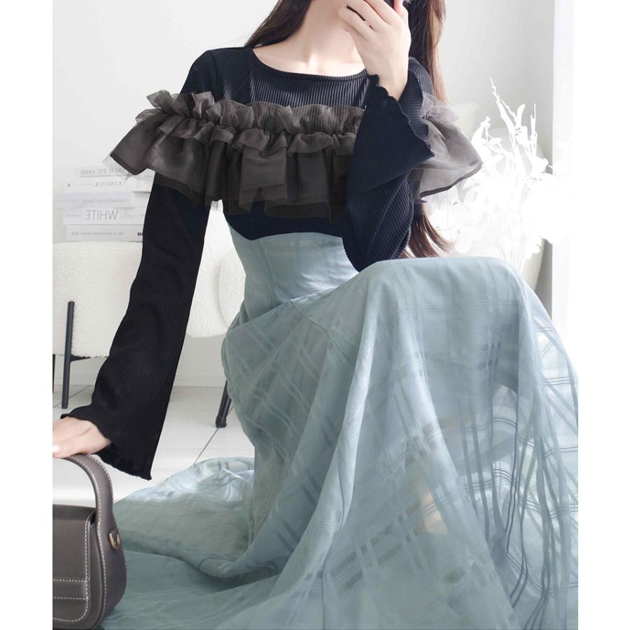 【mily bilet】ワンピース レディース フェミニン ドッキングワンピース チュールフリル シンプル 立体感 華やかな デイリーユース フレア袖 | classicalelf | 09