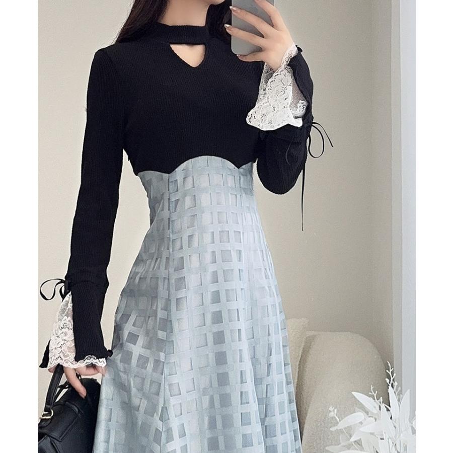 【mily bilet】 ワンピース レディース 袖口 レース リブ ニット ドッキング ワンピ フレア袖 リボン シアー チェック 柄 透け感 レースアップ | classicalelf | 13