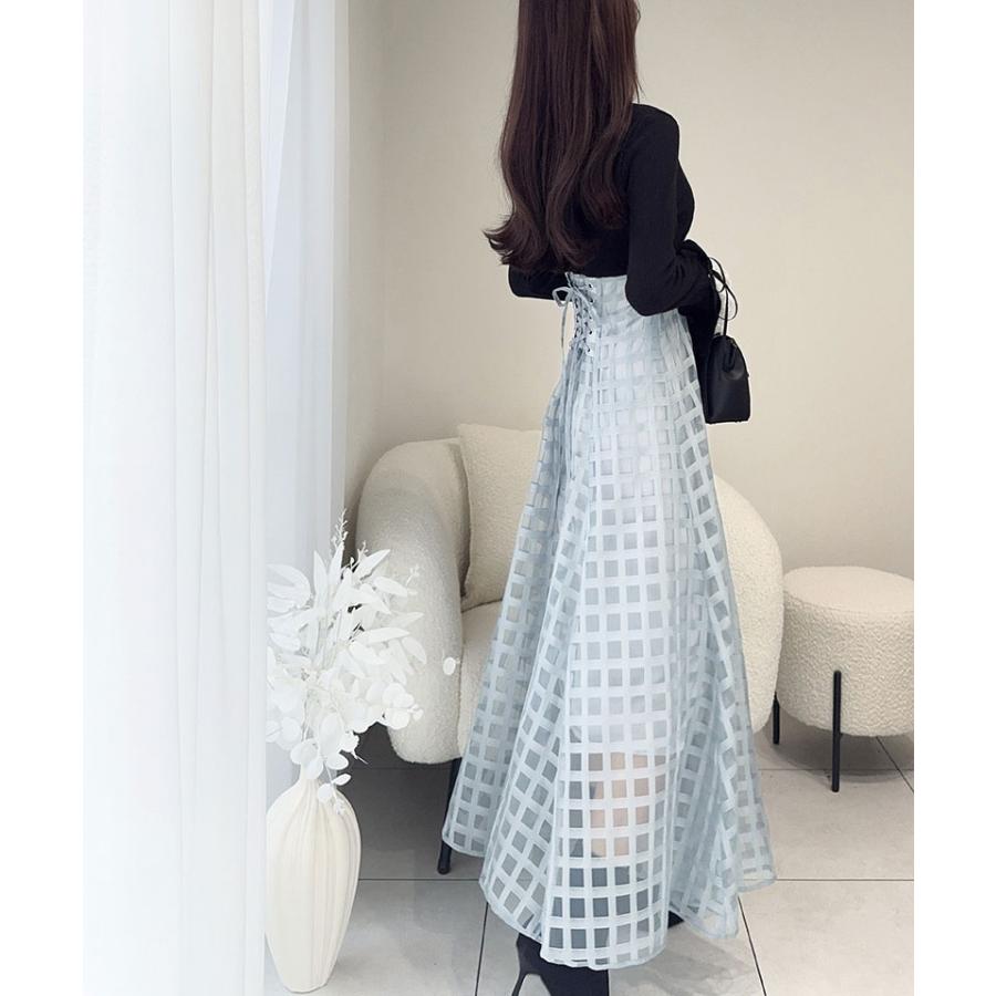 【mily bilet】 ワンピース レディース 袖口 レース リブ ニット ドッキング ワンピ フレア袖 リボン シアー チェック 柄 透け感 レースアップ | classicalelf | 14